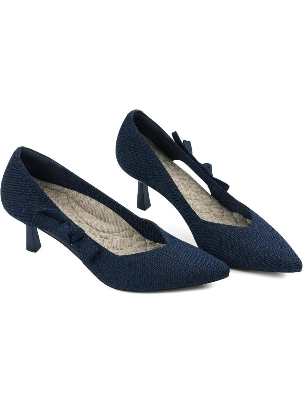 Women's Navy Comfortable Closed Pointed Toe Stiletto Casual Knit Mid Heel Pumps